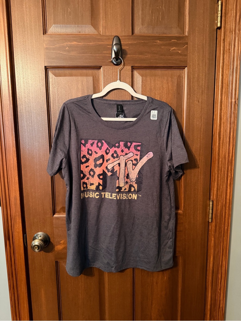 Charcoal MTV Graphic Tee with Pink & Orange Leopard Print